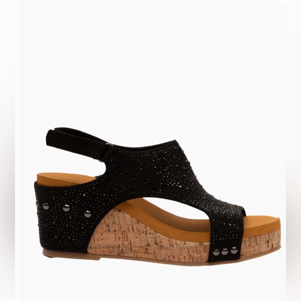 Made In Colombia Barbara Black Rhinestone Embellished Cork Wedge Sandals